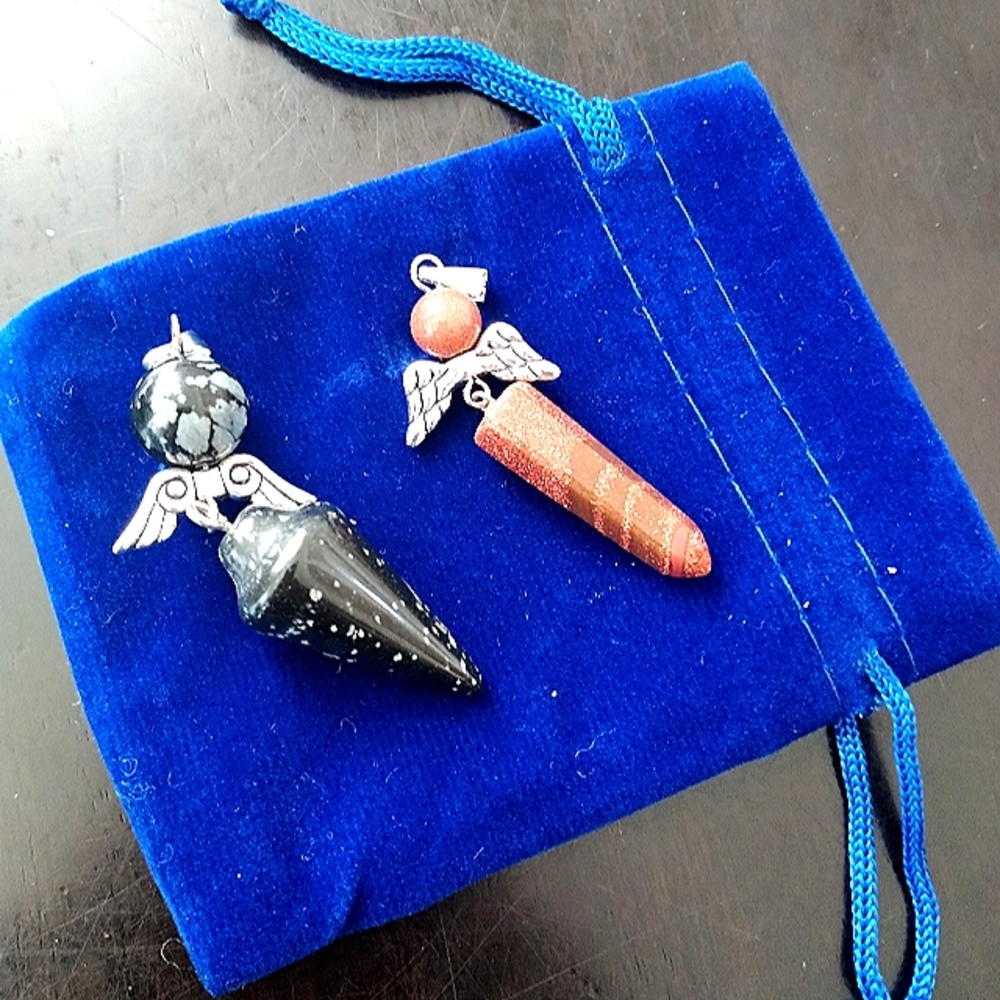 Lot of 2 Pendants - Red Jasper Snowflake Obsidian Silver Angel Wings Necklace